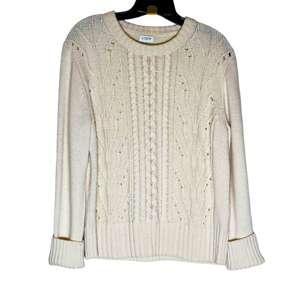 J Crew Lambs Wool Blend Cream Cable Knit Sweater Women’s Large - Picture 1 of 8